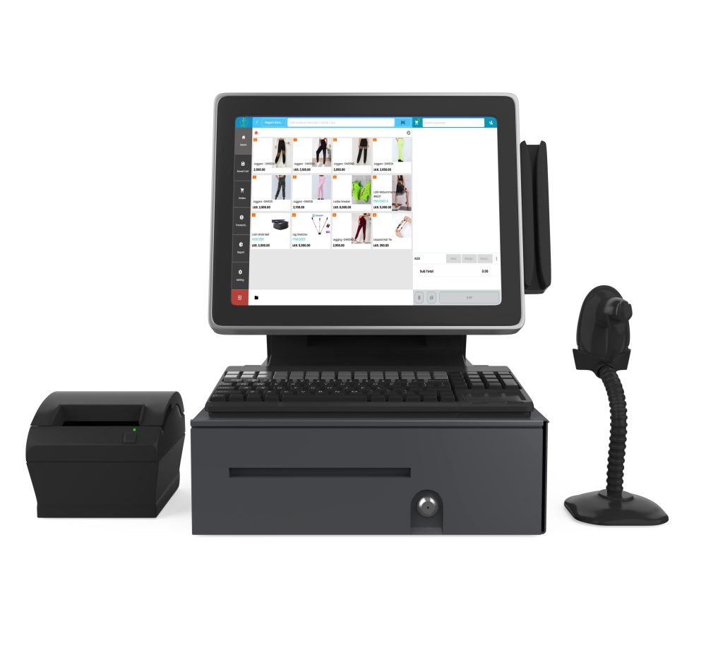 Point,Of,Sale,System,With,Blank,Screen,Monitor,Isolated.,3d Point Of Sale System with Blank Screen Monitor Isolated. 3D rendering